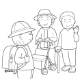 通学中の小学生と手をふるおばあちゃんたちのイラスト(ぬりえ) 通学中の小学生と手をふるおばあちゃんたちのイラスト(ぬりえ)