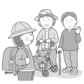 通学中の小学生と手をふるおばあちゃんたちのイラスト(モノクロ) 通学中の小学生と手をふるおばあちゃんたちのイラスト(モノクロ)