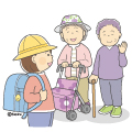 通学中の小学生と手をふるおばあちゃんたちのイラスト(カラー) 通学中の小学生と手をふるおばあちゃんたちのイラスト(カラー)