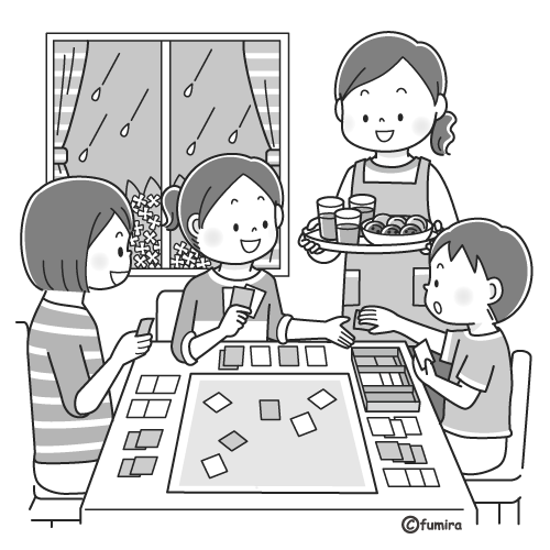 雨の日に部屋でボードゲームをする子供たち モノクロ 子供と動物のイラスト屋さん わたなべふみ
