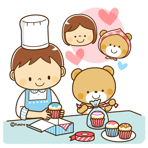 お菓子作り カップケーキを作る男の子とクマのイラスト ソフト 子供と動物のイラスト屋さん わたなべふみ
